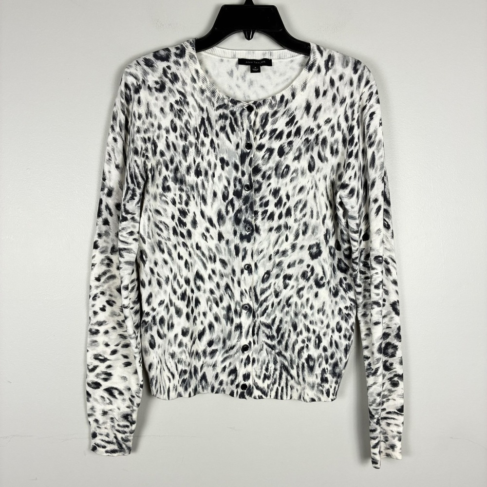 Ann Taylor Ivory Black Animal Print Button Front Cardigan Sz M Preppy Work